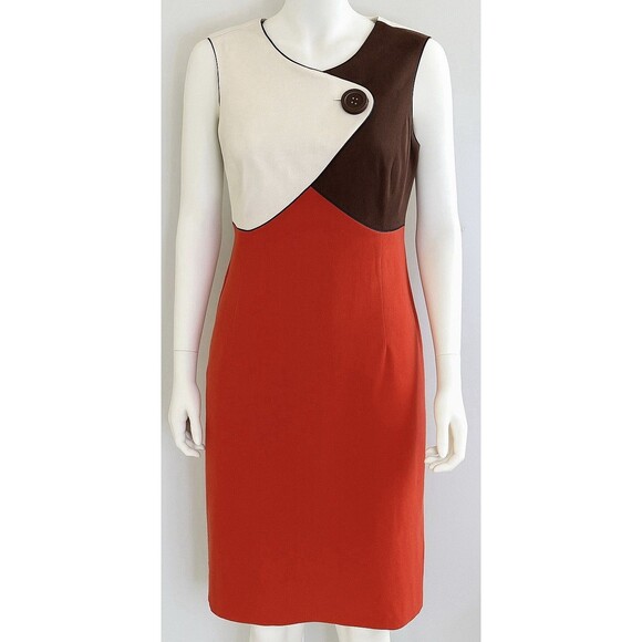 Donna Morgan Dress 14 Linen Colorblock Red Brown Cream Mod Sheath Retro - Picture 1 of 6